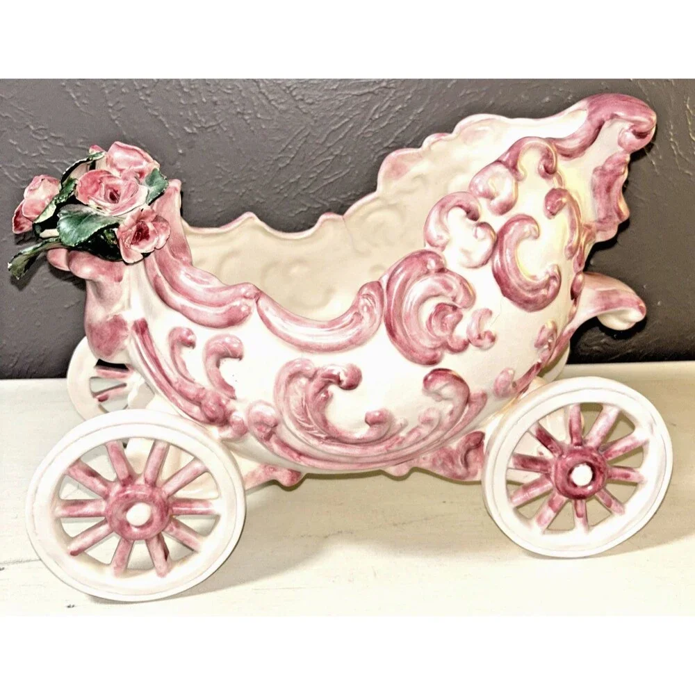 Mary Leone Pottery Whimsical Carriage Planter with Bouquet of Roses Vintage 1975